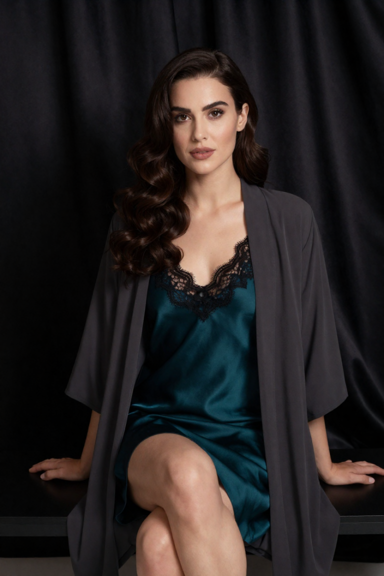 Fictional 29-year-old woman in a deep-teal silk dress with black lace seated before plain black silk drapes